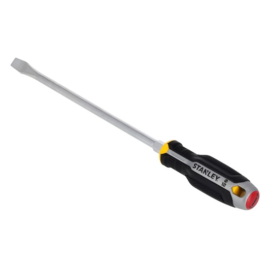 STANLEY FMHT65703-0 platte schroevendraaier met zwart-gele handgreep, zijaanzicht op witte achtergrond.