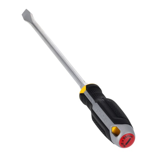 STANLEY FMHT65703-0 platte schroevendraaier met zwart-gele handgreep, onder hoek gefotografeerd op witte achtergrond.