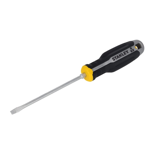 STANLEY FMHT65704-0 platte schroevendraaier met zwart-geel handvat, zijaanzicht op witte achtergrond.
