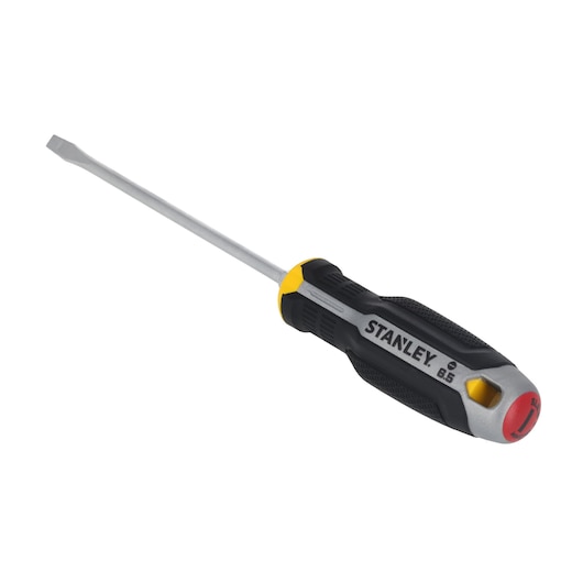 Foto van STANLEY FMHT65704-0 platte schroevendraaier met zwart-geel ergonomisch handvat, schuin op witte achtergrond.