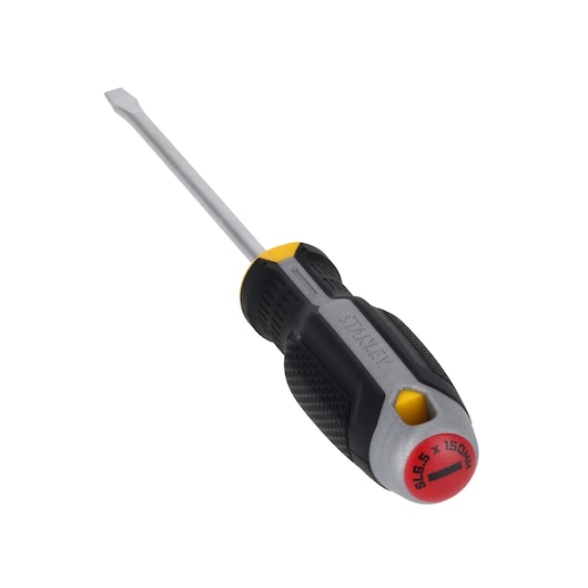 STANLEY FMHT65704-0 platte schroevendraaier met zwart-gele ergonomische handgreep, schuin op witte achtergrond.