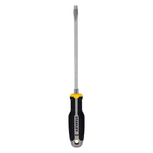 STANLEY FMHT65705-0 schroevendraaier met zwart-geel handvat, platte kop, vooraanzicht op witte achtergrond.