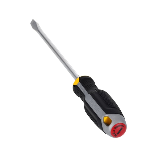 STANLEY FMHT65705-0 platte schroevendraaier, zwart-geel handvat, producthoek op witte achtergrond.