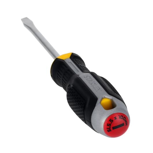 STANLEY FMHT65706-0 platkop schroevendraaier, zwart-geel handvat, vooraanzicht op witte achtergrond.