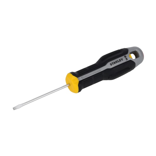 STANLEY FMHT65708-0 platte schroevendraaier met zwart-geel ergonomisch handvat, zijaanzicht op witte achtergrond.