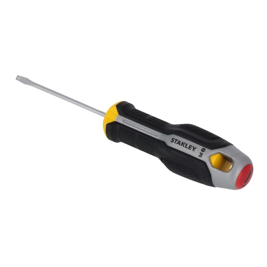 STANLEY FMHT65708-0 platte schroevendraaier met zwart, geel en zilverkleurig handvat, schuine aanzicht op witte achtergrond.