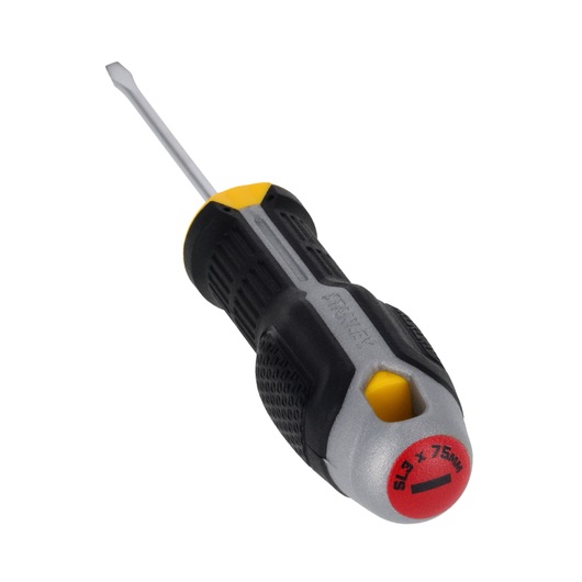 STANLEY FMHT65708-0 sleufschroevendraaier met zwart, geel en grijs handvat, vooraanzicht op witte achtergrond.