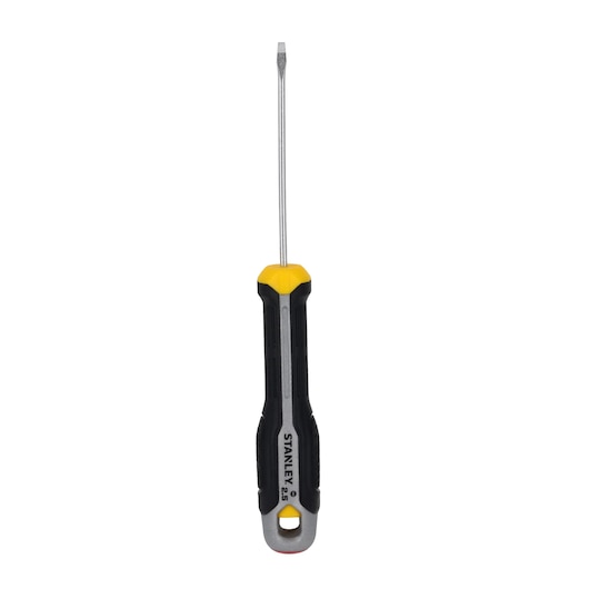 Tournevis STANLEY FMHT65709-0 avec manche noir et jaune, tête plate, angle avant sur fond blanc.