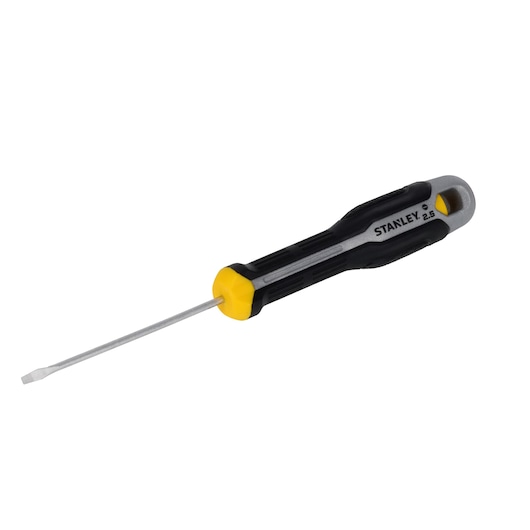 STANLEY FMHT65709-0 tournevis plat avec poignée noire et jaune, vue en angle sur fond blanc.