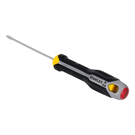 STANLEY FMHT65709-0 tournevis plat avec manche noir et jaune, vue en angle sur fond blanc.