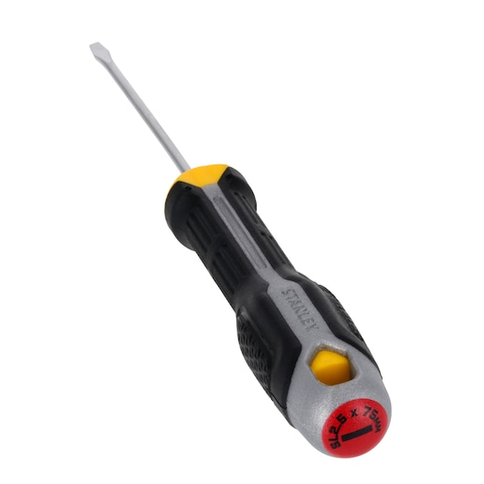 Tournevis plat STANLEY FMHT65709-0 avec poignée noire et jaune, vue en angle sur fond blanc.