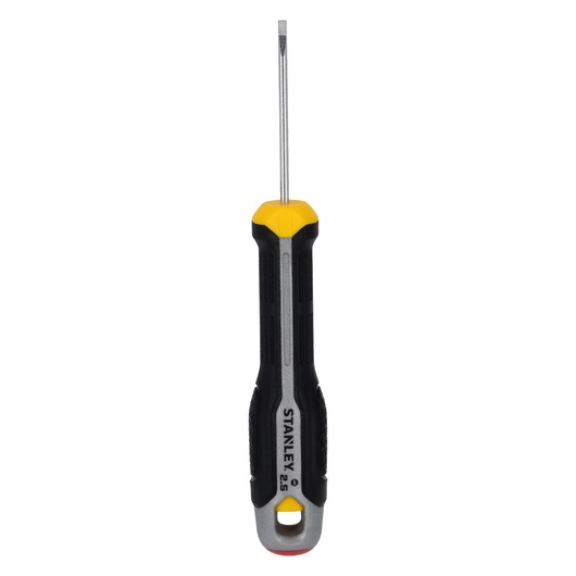STANLEY FMHT65710-0 sleufschroevendraaier, zwart-geel handvat, vooraanzicht op witte achtergrond.