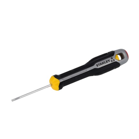 STANLEY FMHT65710-0 precieze sleufschroevendraaier met zwart-gele handgreep, zijaanzicht, witte achtergrond.