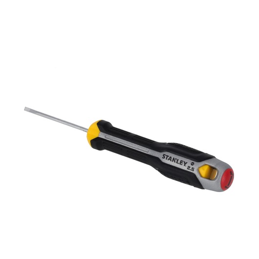 STANLEY FMHT65710-0 sleufschroevendraaier met zwart, geel en zilver handvat, schuin op witte achtergrond.