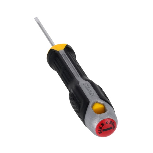 STANLEY FMHT65710-0 sleufschroevendraaier, zwart met gele handgreep, productfoto op witte achtergrond.