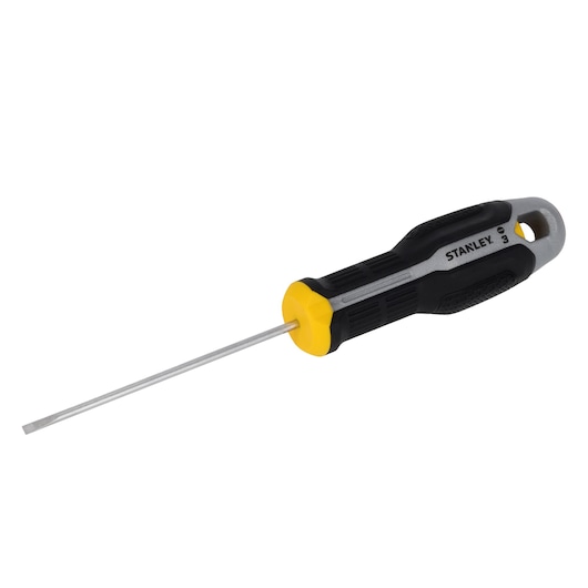 STANLEY FMHT65711-0 tournevis plat avec poignée noire et jaune, vue latérale sur fond blanc.