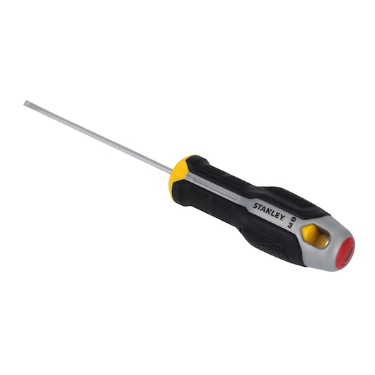 STANLEY FMHT65711-0 tournevis plat avec manche ergonomique noir, jaune et argent, vue latérale sur fond blanc.