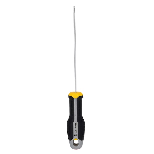 STANLEY FMHT65712-0 sleufschroevendraaier met zwart-gele handgreep, vooraanzicht op witte achtergrond.
