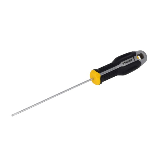 STANLEY FMHT65712-0 lange platte schroevendraaier met zwart-gele handgreep, zijaanzicht op witte achtergrond.