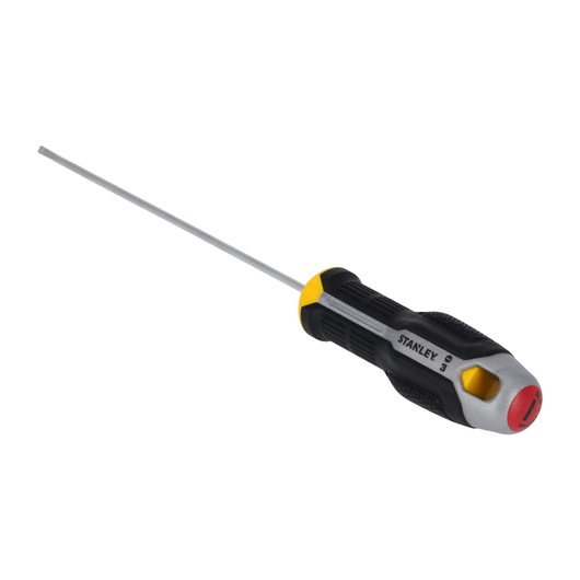 STANLEY FMHT65712-0 schroevendraaier met zwart, geel en rood ergonomisch handvat, zijaanzicht op witte achtergrond.