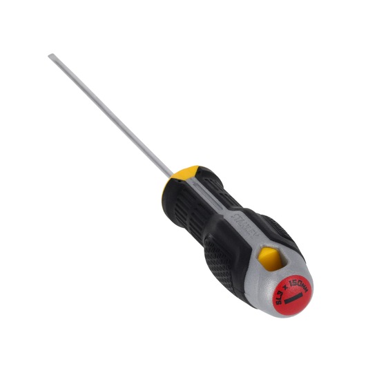 STANLEY FMHT65712-0 sleufschroevendraaier met zwart-gele handgreep, schuine weergave op witte achtergrond.