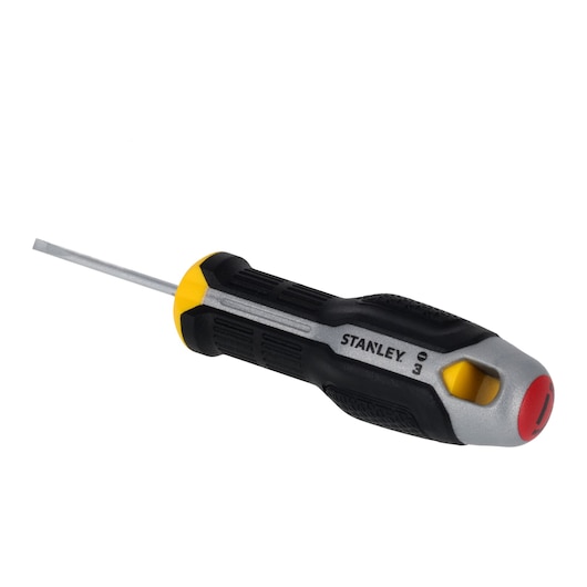 STANLEY FMHT65713-0 platte schroevendraaier met zwart-gele ergonomische handgreep, zijaanzicht, witte achtergrond.
