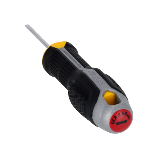 STANLEY FMHT65713-0 platte schroevendraaier met zwart, geel en grijs ergonomisch handvat, schuine hoek op witte achtergrond.