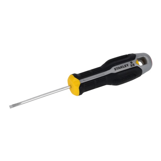 STANLEY FMHT65714-0 tournevis plat avec poignée ergonomique jaune et noire, vue latérale sur fond blanc.