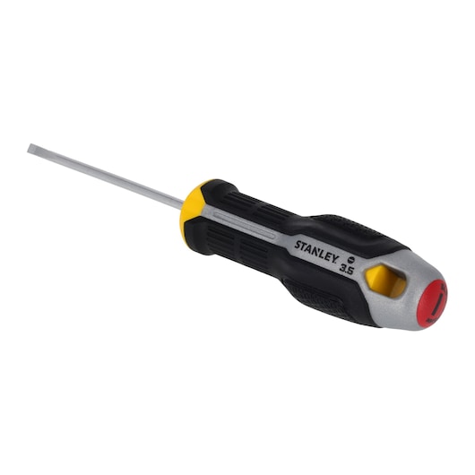 STANLEY FMHT65714-0 tournevis plat avec manche ergonomique noir et jaune, vue en angle sur fond blanc.