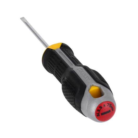 STANLEY FMHT65714-0 tournevis plat avec poignée ergonomique noire et jaune, photographie de produit en angle.