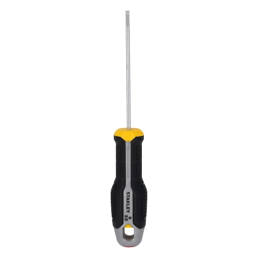 Tournevis plat STANLEY FMHT65715-0 avec poignée noire et jaune, vue de face, fond blanc.