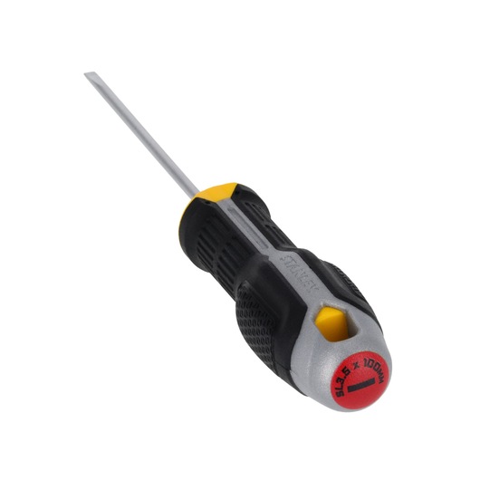 STANLEY FMHT65715-0 tournevis plat avec manche ergonomique noir et jaune, vue en angle sur fond blanc.