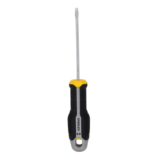 STANLEY FMHT65716-0 platte schroevendraaier met zwart-geel handvat, vooraanzicht, witte achtergrond.