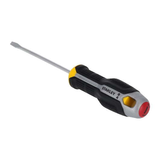 STANLEY FMHT65716-0 platkop schroevendraaier, zwart-gele handgreep, onder een hoek op witte achtergrond.