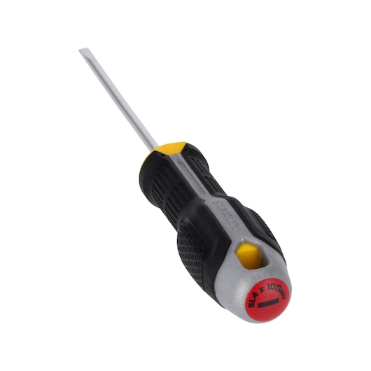 STANLEY FMHT65716-0 sleufschroevendraaier, zwarte en gele handgreep, schuine hoek op witte achtergrond.