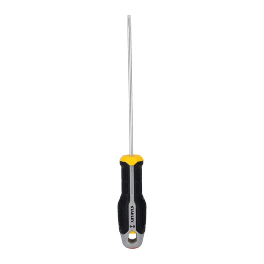 STANLEY FMHT65717-0 platte schroevendraaier met zwart-gele handgreep, vooraanzicht, witte achtergrond.