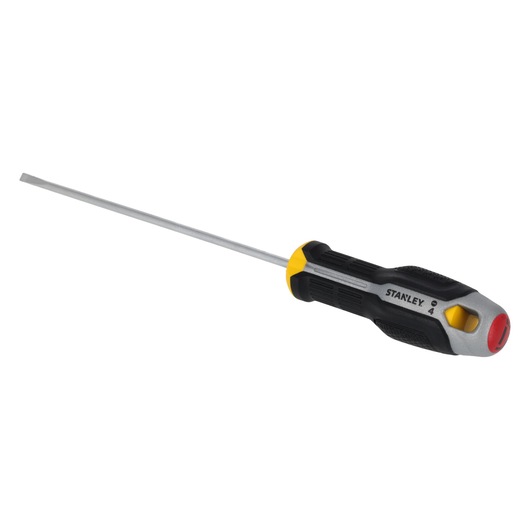 STANLEY FMHT65717-0 schroevendraaier met zwart-gele handgreep en lange platte kling, schuin op witte achtergrond.