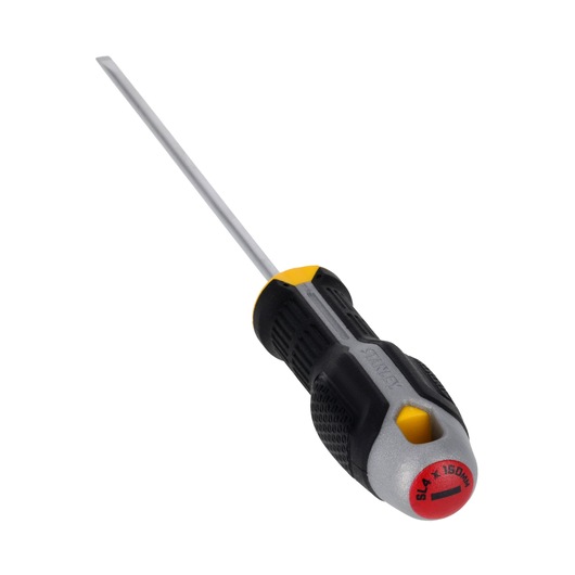 STANLEY FMHT65717-0 platte schroevendraaier met zwart-geel handvat, schuine weergave op witte achtergrond.