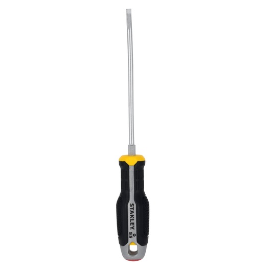 STANLEY FMHT65718-0 platte schroevendraaier met zwart-geel handvat, vooraanzicht op witte achtergrond.