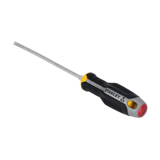 STANLEY FMHT65718-0 sleufschroevendraaier met zwart-geel ergonomisch handvat, zijaanzicht, witte achtergrond.