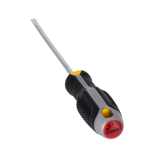 STANLEY FMHT65718-0 sleufschroevendraaier met zwart-geel bimateriaal handvat, onder hoek op witte achtergrond.