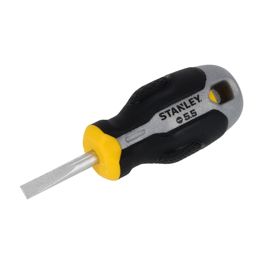 Photo du tournevis plat court STANLEY FMHT65719-0 avec manche noir, jaune et gris, vu en angle sur fond blanc.