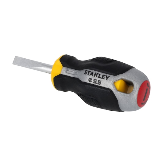 STANLEY FMHT65719-0 tournevis court à fente avec manche ergonomique noir et jaune, vue latérale sur fond blanc.