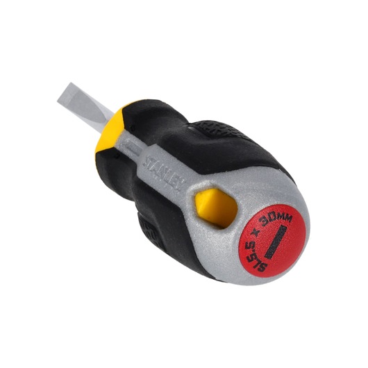 STANLEY FMHT65719-0 tournevis plat court, manche noir et jaune, vue de face sur fond blanc.