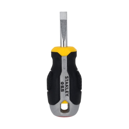 STANLEY FMHT65720-0 korte platte schroevendraaier met zwart-gele handgreep, vooraanzicht, witte achtergrond.