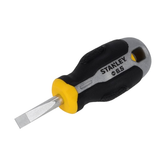 Foto van de STANLEY FMHT65720-0 korte platte schroevendraaier met zwart, geel en zilver ergonomisch handvat op witte achtergrond.