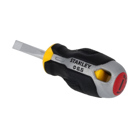 STANLEY FMHT65720-0 korte platte schroevendraaier met zwart-geel ergonomisch handvat, zijaanzicht, witte achtergrond.