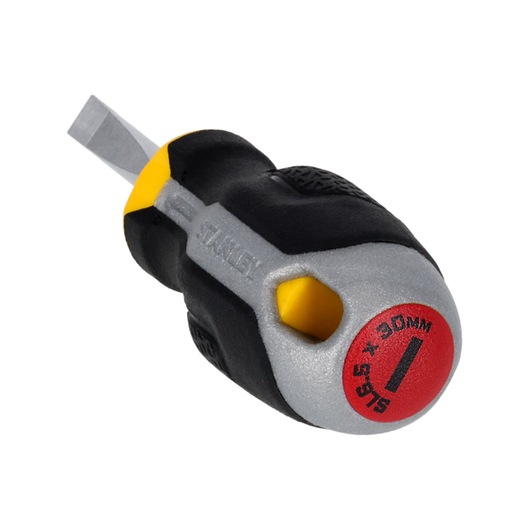 STANLEY FMHT65720-0 platte schroevendraaier met zwart-gele ergonomische handgreep, producthoekweergave.