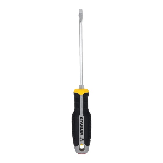 STANLEY FMHT65721-0 platte schroevendraaier met zwart-geel handvat, vooraanzicht, witte achtergrond.