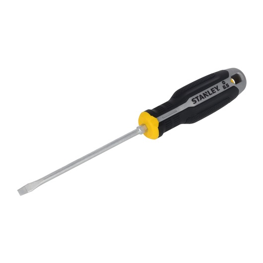 STANLEY FMHT65721-0 platte schroevendraaier met zwart-gele handgreep, zijaanzicht op witte achtergrond.